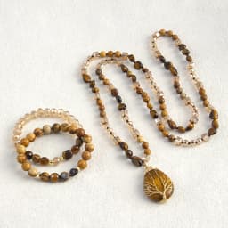 New Boheme Spring Jewelry Natural Stone Glass Handmade Life Tree Stone Drop Pendant Knotted Necklace 2pcs Stack Bracelet Set