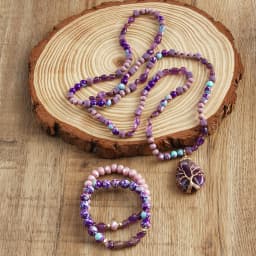 New Boheme Spring Jewelry Natural Stone Glass Handmade Life Tree Stone Drop Pendant Knotted Necklace 2pcs Stack Bracelet Set