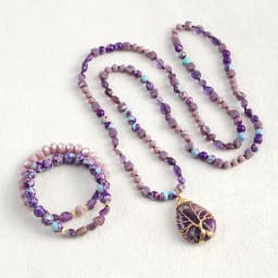 New Boheme Spring Jewelry Natural Stone Glass Handmade Life Tree Stone Drop Pendant Knotted Necklace 2pcs Stack Bracelet Set