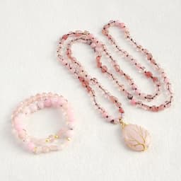New Boheme Spring Jewelry Natural Stone Glass Handmade Life Tree Stone Drop Pendant Knotted Necklace 2pcs Stack Bracelet Set