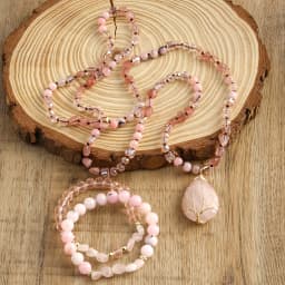 New Boheme Spring Jewelry Natural Stone Glass Handmade Life Tree Stone Drop Pendant Knotted Necklace 2pcs Stack Bracelet Set