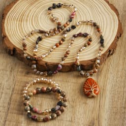 New Boheme Spring Jewelry Natural Stone Glass Handmade Life Tree Stone Drop Pendant Knotted Necklace 2pcs Stack Bracelet Set