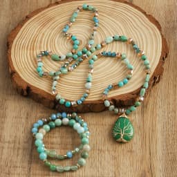 New Boheme Spring Jewelry Natural Stone Glass Handmade Life Tree Stone Drop Pendant Knotted Necklace 2pcs Stack Bracelet Set