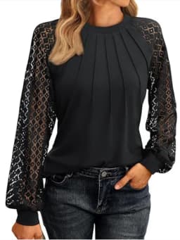 Elegant Lace Pleated Solid Color Shirts Women's Round Neck Lantern Long Sleeved Blouse Autumn Daily Casual Top