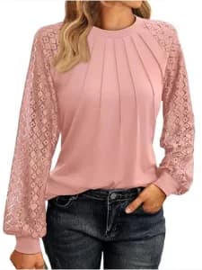 Elegant Lace Pleated Solid Color Shirts Women's Round Neck Lantern Long Sleeved Blouse Autumn Daily Casual Top