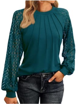 Elegant Lace Pleated Solid Color Shirts Women's Round Neck Lantern Long Sleeved Blouse Autumn Daily Casual Top