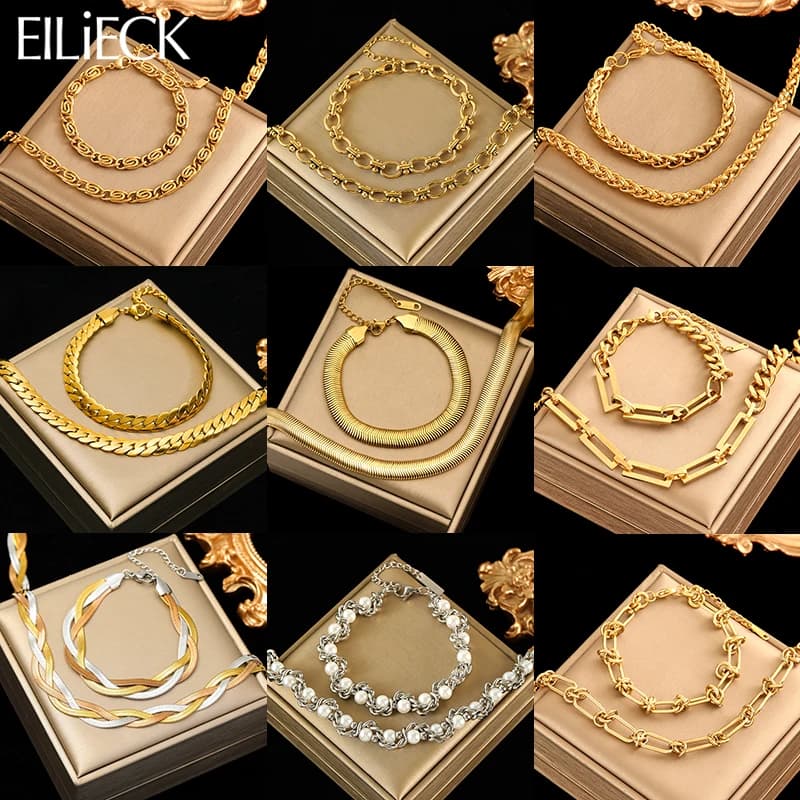 EILIECK 316L Stainless Steel Metal Cuban Chain Neckalces Bracelet Jewelry Set For Women Gold Color Neck Chain Collar Bijoux