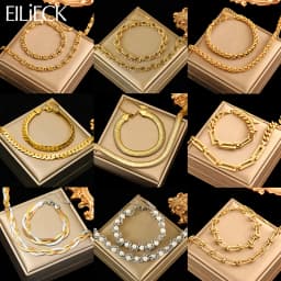 EILIECK 316L Stainless Steel Metal Cuban Chain Neckalces Bracelet Jewelry Set For Women Gold Color Neck Chain Collar Bijoux