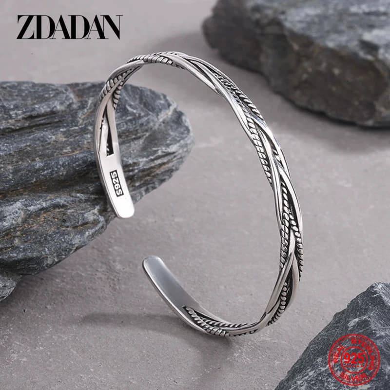 ZDADAN 925 Sterling Silver Vintage Twists Open Cuff Bracelet&Bangles For Women Fashion Jewelry