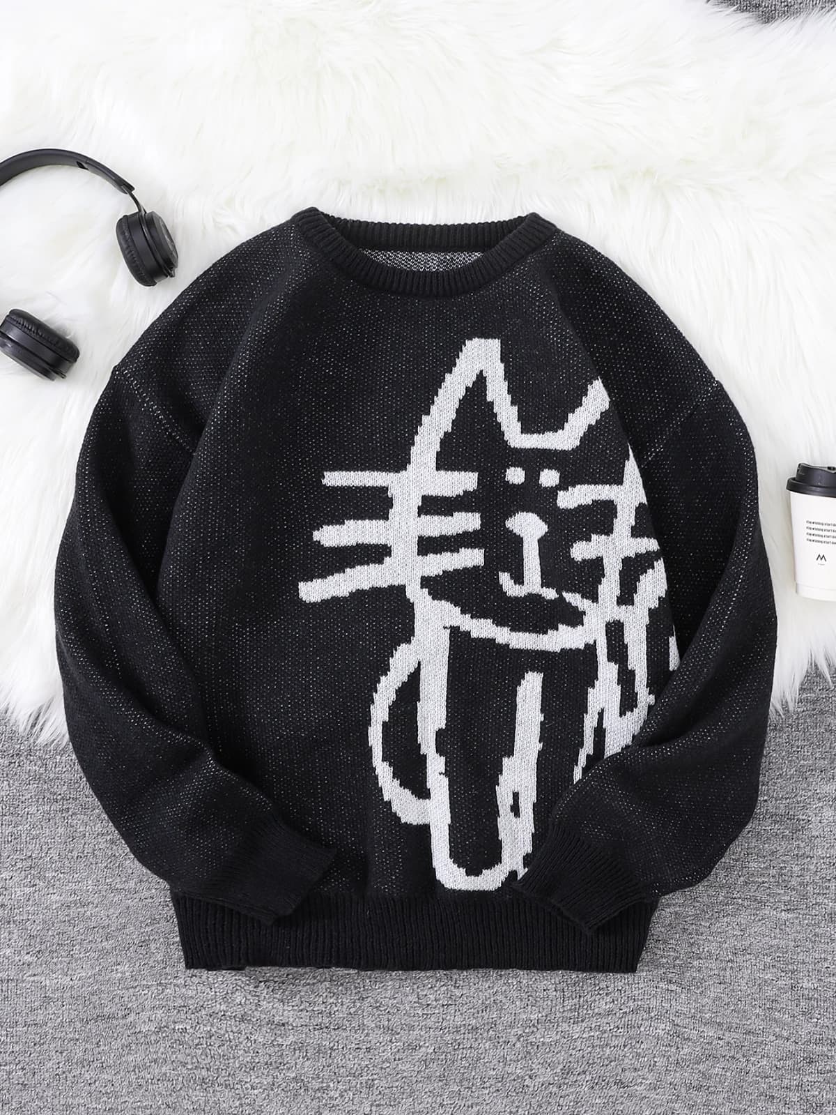 Autumn and Winter Abstract Kitten Jacquard Pattern Pullover Sweater Casual Round Neck Knitted Men's Pullover