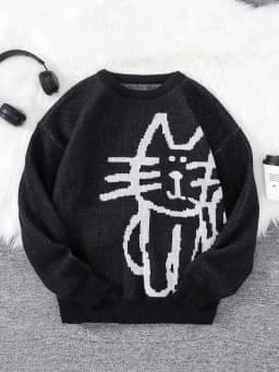 Autumn and Winter Abstract Kitten Jacquard Pattern Pullover Sweater Casual Round Neck Knitted Men's Pullover