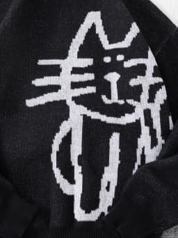 Autumn and Winter Abstract Kitten Jacquard Pattern Pullover Sweater Casual Round Neck Knitted Men's Pullover