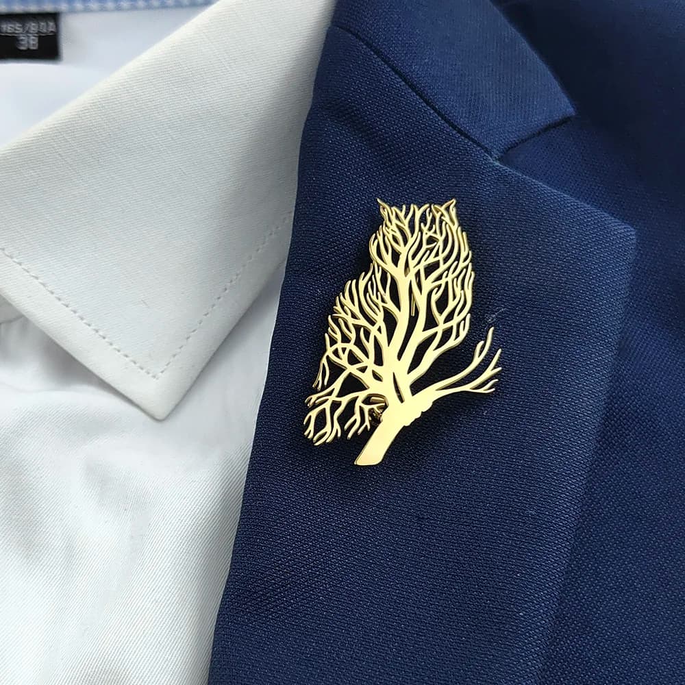 Creative animal hollow owl tree of life stainless steel gold-plated 18K brooch, black suit accessories, wedding matching set