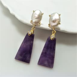 1 Pairs Fashionable Golden Trapezoid Earrings with Natural Freshwater Pearl & Semi-precious Stone, Ideal Valentines Gift ER467P