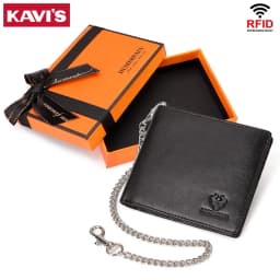KAVIS 100% Genuine Leather Short Purse Business RFID Protect Credit Card Holder Clutch For Men With Anti-theft Chain Wallet