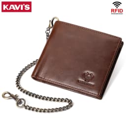 KAVIS 100% Genuine Leather Short Purse Business RFID Protect Credit Card Holder Clutch For Men With Anti-theft Chain Wallet