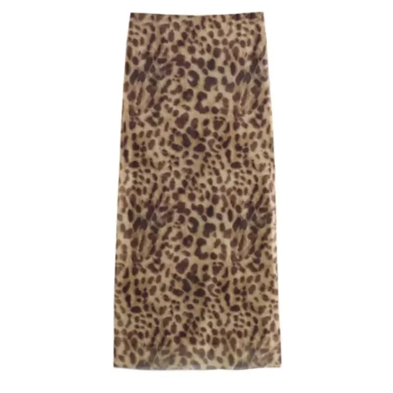 Women Leopard Tulle Midi Skirt Summer Fashion High Waist Elasticated Waistband Long Skirts Streetwear