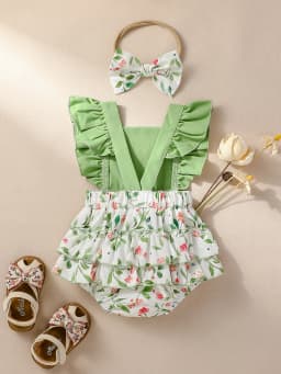 2PCS Baby Girls Sleeveless Print Flower Rompers for 0-1Y Baby Newborn Items Casual Jumpsuit + Headband