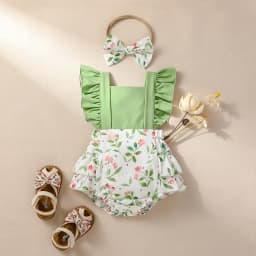 2PCS Baby Girls Sleeveless Print Flower Rompers for 0-1Y Baby Newborn Items Casual Jumpsuit + Headband