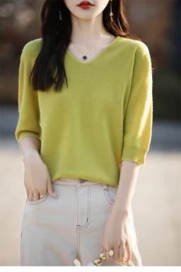 Basics Summer Women Knitwear Merino Wool V-Neck T Shirt Half Sleeve Clothing Tops Solid Pullover Casual Female Tees Outerwear