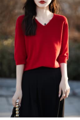 Basics Summer Women Knitwear Merino Wool V-Neck T Shirt Half Sleeve Clothing Tops Solid Pullover Casual Female Tees Outerwear