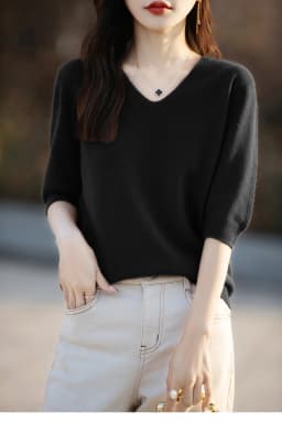 Basics Summer Women Knitwear Merino Wool V-Neck T Shirt Half Sleeve Clothing Tops Solid Pullover Casual Female Tees Outerwear