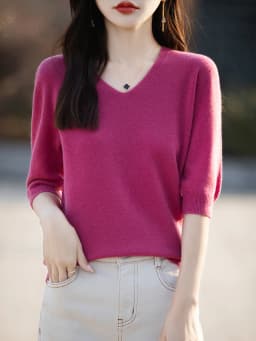 Basics Summer Women Knitwear Merino Wool V-Neck T Shirt Half Sleeve Clothing Tops Solid Pullover Casual Female Tees Outerwear