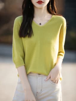 Basics Summer Women Knitwear Merino Wool V-Neck T Shirt Half Sleeve Clothing Tops Solid Pullover Casual Female Tees Outerwear