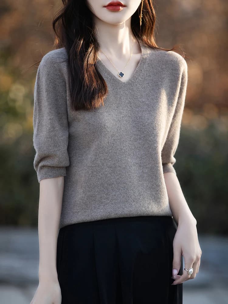Basics Summer Women Knitwear Merino Wool V-Neck T Shirt Half Sleeve Clothing Tops Solid Pullover Casual Female Tees Outerwear