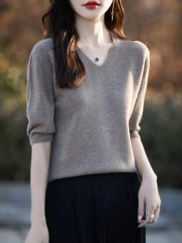 Basics Summer Women Knitwear Merino Wool V-Neck T Shirt Half Sleeve Clothing Tops Solid Pullover Casual Female Tees Outerwear