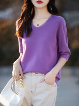 Basics Summer Women Knitwear Merino Wool V-Neck T Shirt Half Sleeve Clothing Tops Solid Pullover Casual Female Tees Outerwear