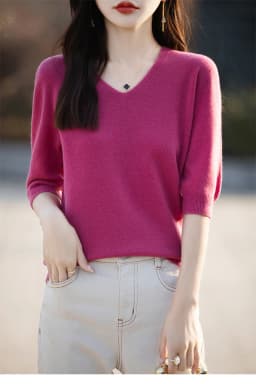 Basics Summer Women Knitwear Merino Wool V-Neck T Shirt Half Sleeve Clothing Tops Solid Pullover Casual Female Tees Outerwear