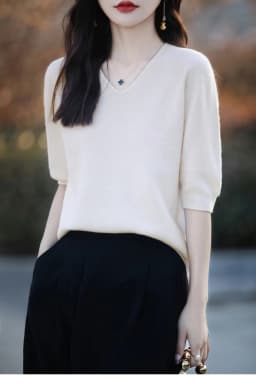 Basics Summer Women Knitwear Merino Wool V-Neck T Shirt Half Sleeve Clothing Tops Solid Pullover Casual Female Tees Outerwear