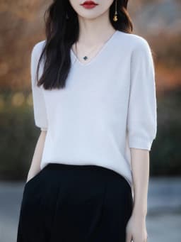 Basics Summer Women Knitwear Merino Wool V-Neck T Shirt Half Sleeve Clothing Tops Solid Pullover Casual Female Tees Outerwear