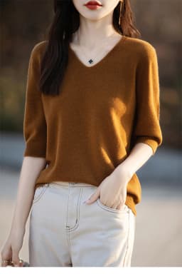 Basics Summer Women Knitwear Merino Wool V-Neck T Shirt Half Sleeve Clothing Tops Solid Pullover Casual Female Tees Outerwear