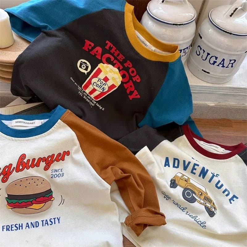 Childrens Boys Long Sleeve T-shirt 2025 Korean Spring Autumn Pure Cotton Boys Tops Cartoon Printed Contrasting Bottom Shirt