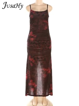 Sisterlinda Women New Y2K Elegant Solid Flower Printed Dresses Backless Hollow Out Spaghetti Strap Pleated Vintage Hip Dress2025