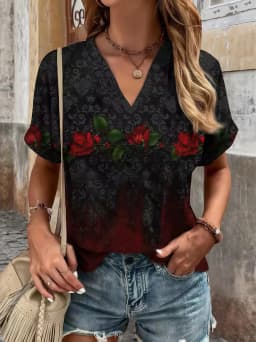 Plus Size Women's V-Neck Fold Sleeve T-Shirt - Ethnic Floral Print Loose Fit Blouse, Fashionable & Elegant Summer Casual Top