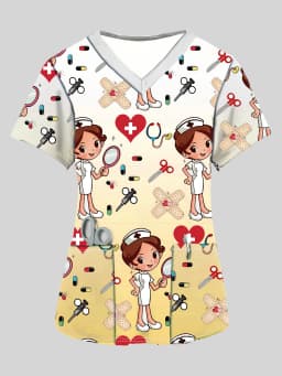 Women's Cartoon Full Body Print V Neck Nurse Surgical Gown Top with Pockets Comfortable Polyester Short Sleeve Work Clothes