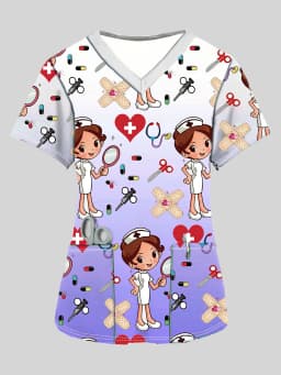Women's Cartoon Full Body Print V Neck Nurse Surgical Gown Top with Pockets Comfortable Polyester Short Sleeve Work Clothes