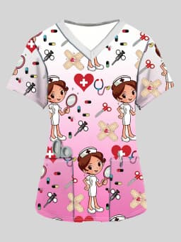 Women's Cartoon Full Body Print V Neck Nurse Surgical Gown Top with Pockets Comfortable Polyester Short Sleeve Work Clothes