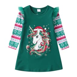 VIKITA Girls Christmas New Year Gift Dress Kids Licorne Snowflakes Green Autumn Spring Fall Flare Sleeve Cotton Straight Dresses