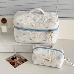 Fashion Blue Bow Quilted Women Cosmetic Bag Large Capacity Makeup Storage Handbag Travel Pouch 3 Type Ladies Zipper Makeup Bag