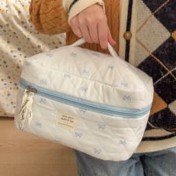 Fashion Blue Bow Quilted Women Cosmetic Bag Large Capacity Makeup Storage Handbag Travel Pouch 3 Type Ladies Zipper Makeup Bag