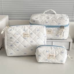 Fashion Blue Bow Quilted Women Cosmetic Bag Large Capacity Makeup Storage Handbag Travel Pouch 3 Type Ladies Zipper Makeup Bag