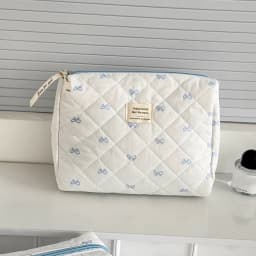 Fashion Blue Bow Quilted Women Cosmetic Bag Large Capacity Makeup Storage Handbag Travel Pouch 3 Type Ladies Zipper Makeup Bag