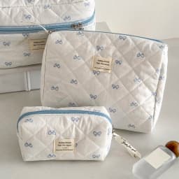 Fashion Blue Bow Quilted Women Cosmetic Bag Large Capacity Makeup Storage Handbag Travel Pouch 3 Type Ladies Zipper Makeup Bag