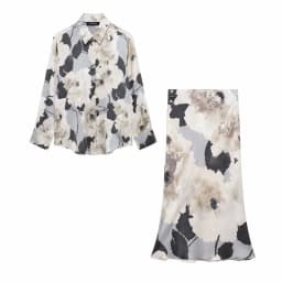 Vintage Women Fashion Skirts Suits Lapel Long Sleeve Print Shirt Top+High Waist 2025 Spring Texture Woman Midi Skirt Set