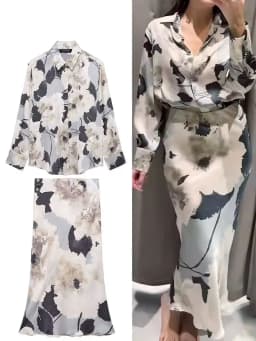 Vintage Women Fashion Skirts Suits Lapel Long Sleeve Print Shirt Top+High Waist 2025 Spring Texture Woman Midi Skirt Set