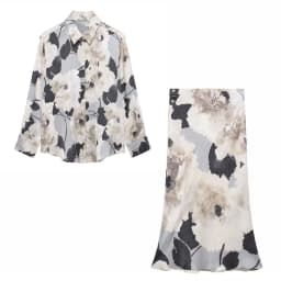 Vintage Women Fashion Skirts Suits Lapel Long Sleeve Print Shirt Top+High Waist 2025 Spring Texture Woman Midi Skirt Set